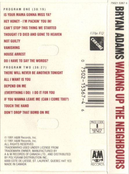 Bryan Adams – Waking Up The Neighbours cassette usado - Imagen 2