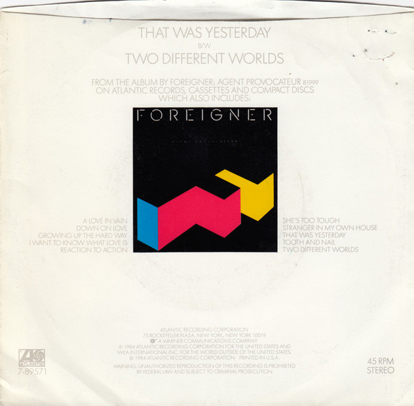 Foreigner – That Was Yesterday vinilo single 7″ usado - Imagen 2